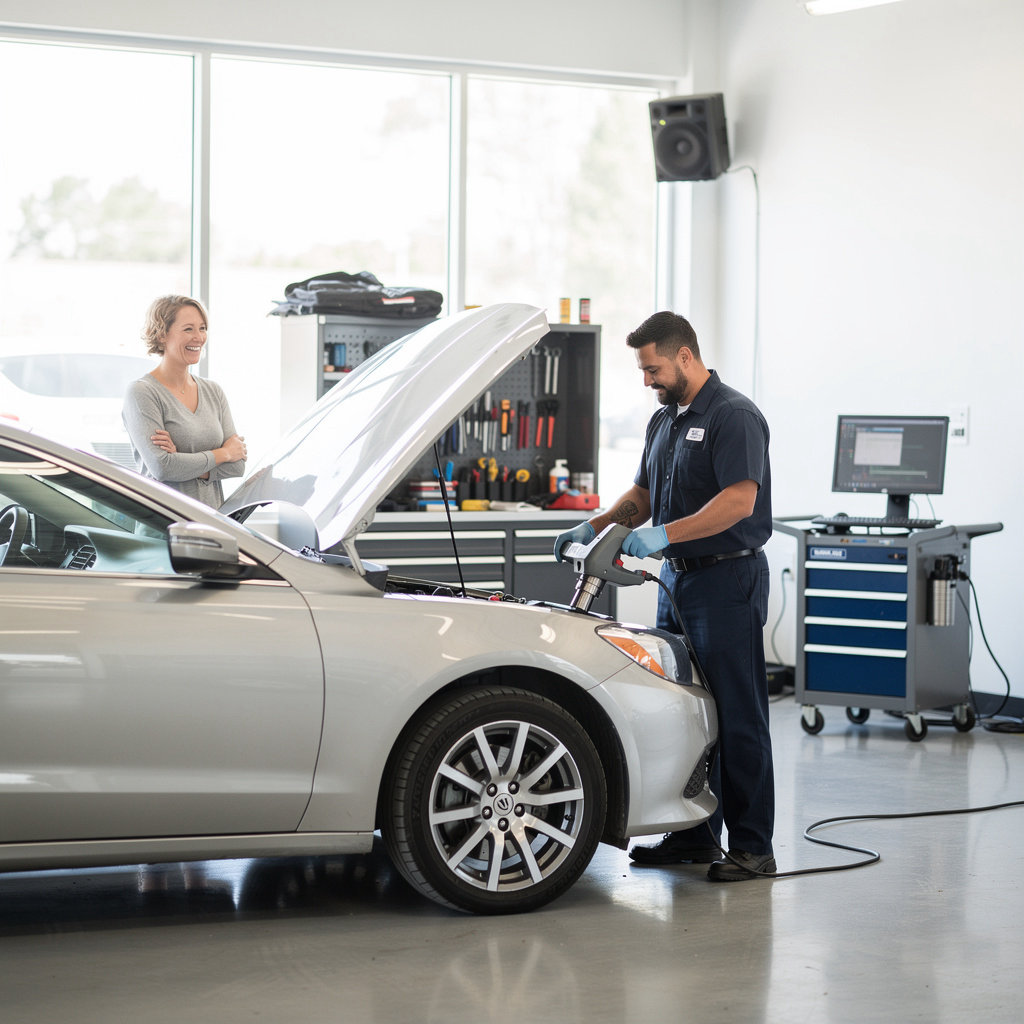 Fernando's Smog Check technician performing a professional smog check and auto repair service in Goleta